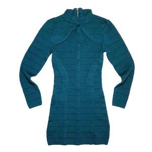 Bebe Dark Teal Mock Neck Cutout Chest Long-Sleeve Stretchy Ribbed Mini Dress - S